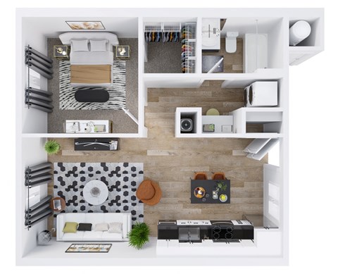 Floor plan for 1 bed, 1 bath, 642 sqft
